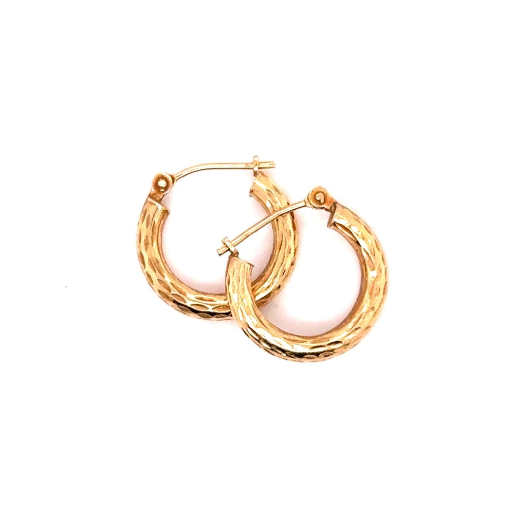 10k Yellow Gold Diamond Cut Hoop Earrings Small Textured Latch Back 0.9g